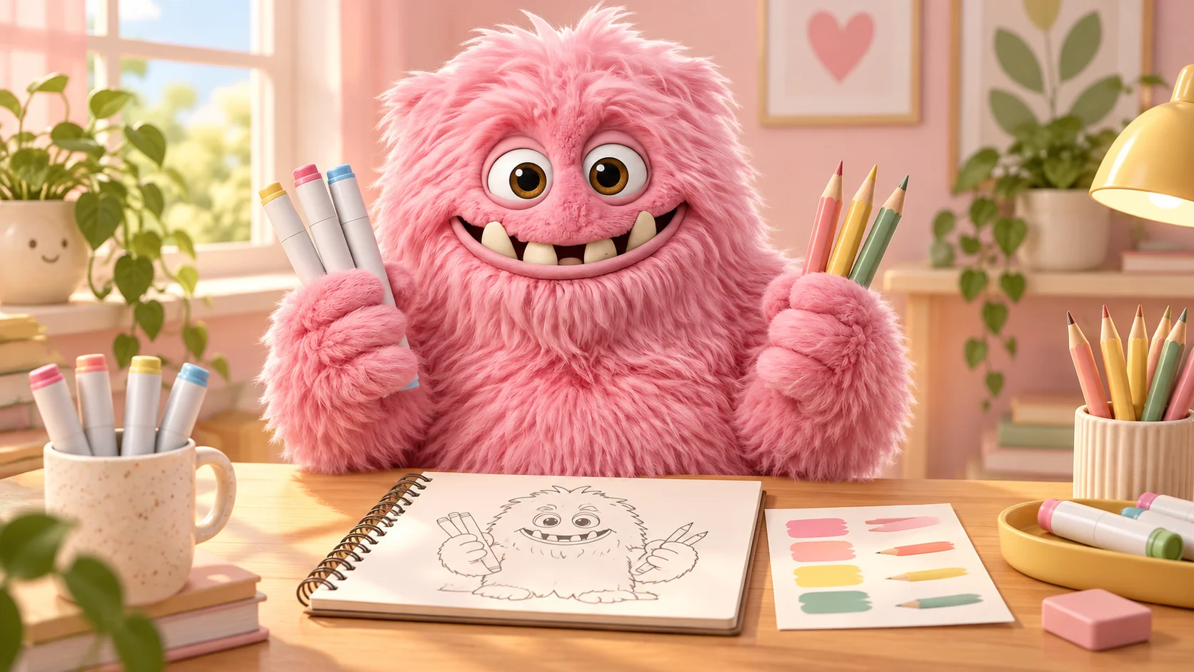The pink ColorBestie monster with a sketchbook, markers and pencils