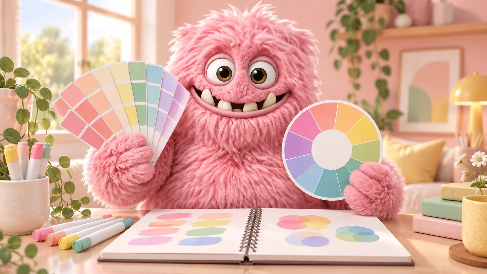 The pink ColorBestie monster exploring pastel swatches and a color wheel