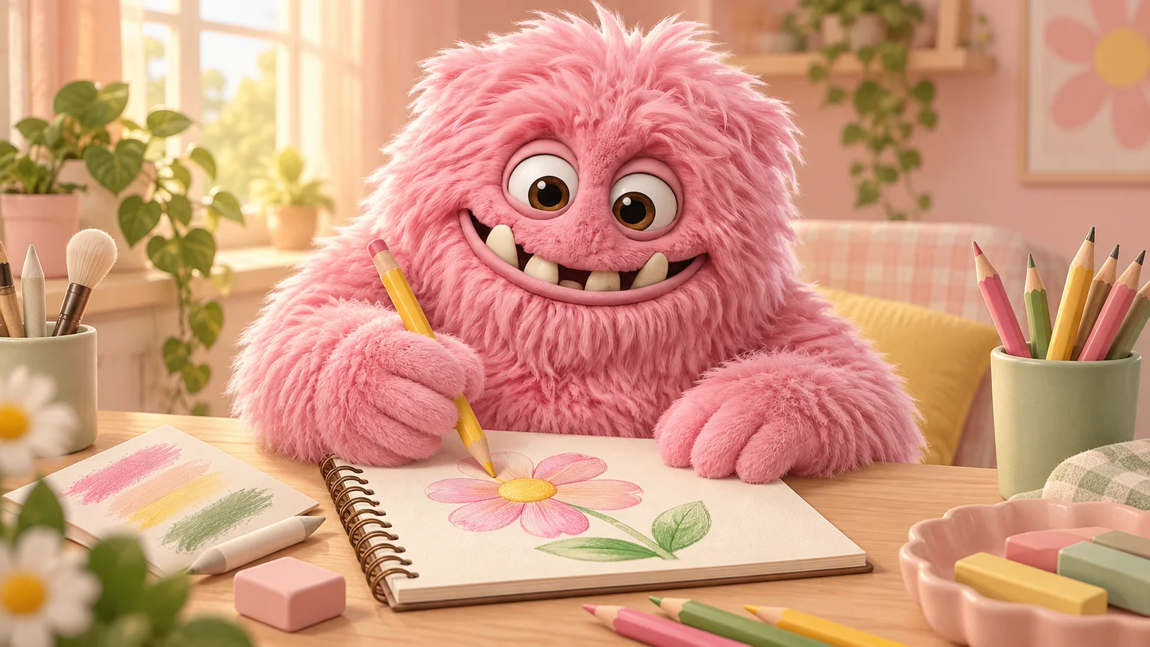 The pink ColorBestie monster practicing coloring and shading in a sketchbook