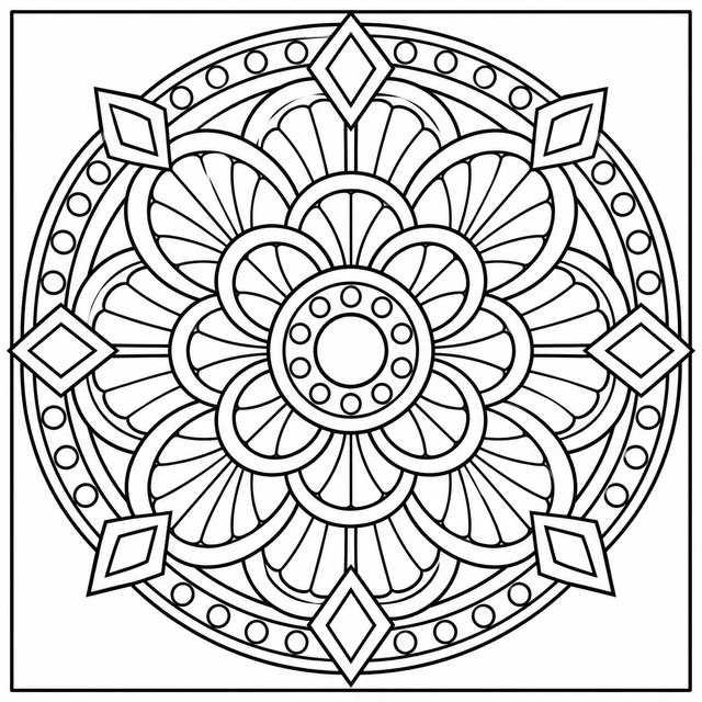 Black-and-white ColorBestie coloring illustration: A geometric mandala of art deco fan motifs, concentric bands and balanced diamond accents.
