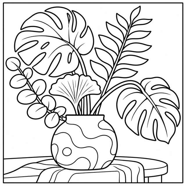 Black-and-white ColorBestie coloring illustration: Monstera, fern, eucalyptus and ginkgo leaves create an open botanical arrangement with varied shapes.