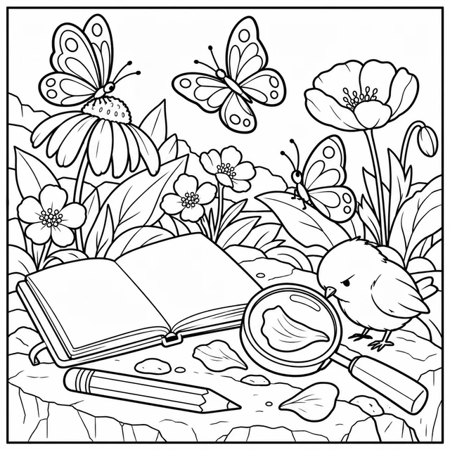 Black-and-white ColorBestie coloring illustration: Three butterflies hover around an open blank field notebook, a magnifier and a patch of wildflowers.