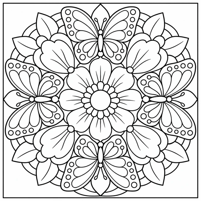 Black-and-white ColorBestie coloring illustration: A balanced mandala combines butterfly wing motifs, broad petals and clear repeating bands.