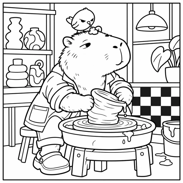 Black-and-white ColorBestie coloring illustration: A capybara makes a wonky bowl while a small, skeptical bird inspects the clay on its head.