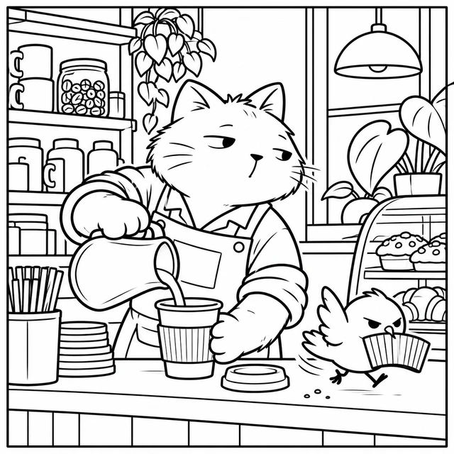 Black-and-white ColorBestie coloring illustration: A dryly unimpressed cat barista in a boxy apron pours a drink while a tiny bird steals the empty cup sleeve.