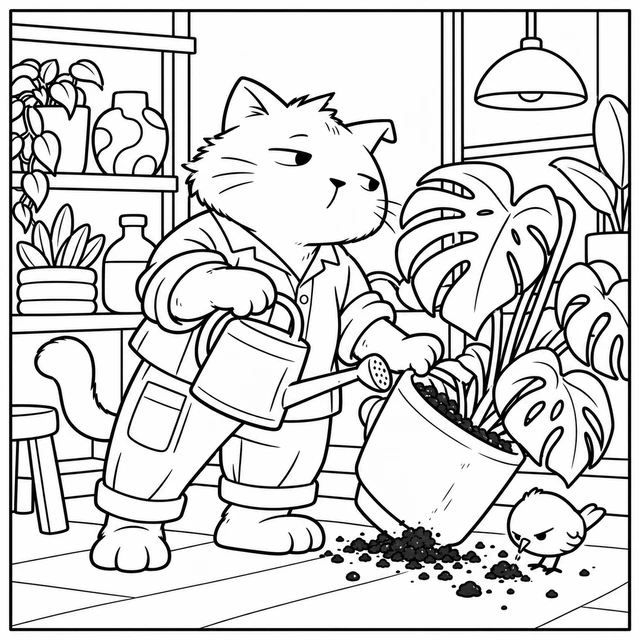 Black-and-white ColorBestie coloring illustration: An independent-minded cat tends a monstera while a small bird inspects a toppled plant pot.