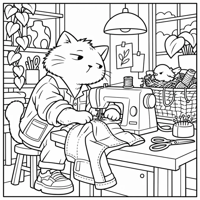 Black-and-white ColorBestie coloring illustration: A streetwear cat alters a plain jacket at a sewing machine while a bird has made a nest in the thread basket.