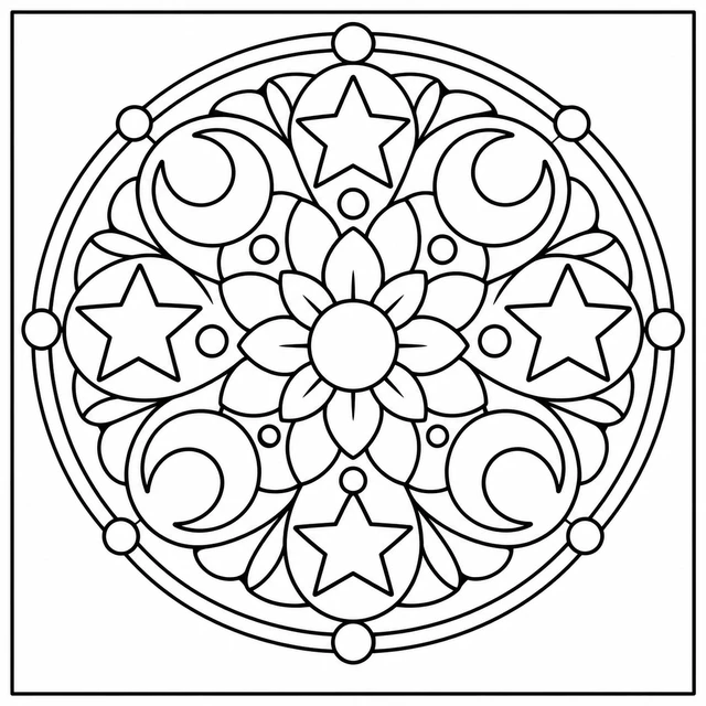 Black-and-white ColorBestie coloring illustration: Crescent moons, outlined stars and broad arcs create a circular celestial pattern.