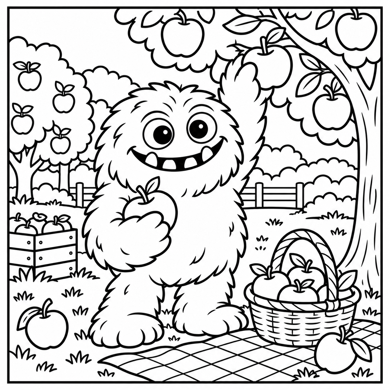 Black-and-white coloring page of the ColorBestie monster picking apples beside a basket in an orchard.