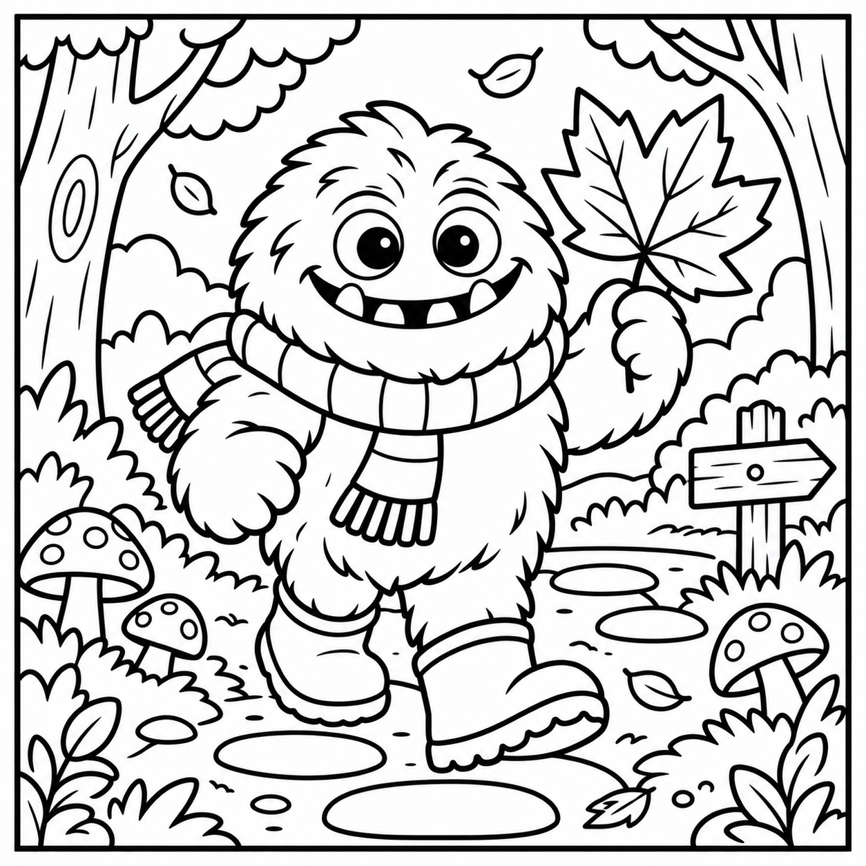 Black-and-white coloring page of the ColorBestie monster walking in boots through autumn woods while holding a leaf.