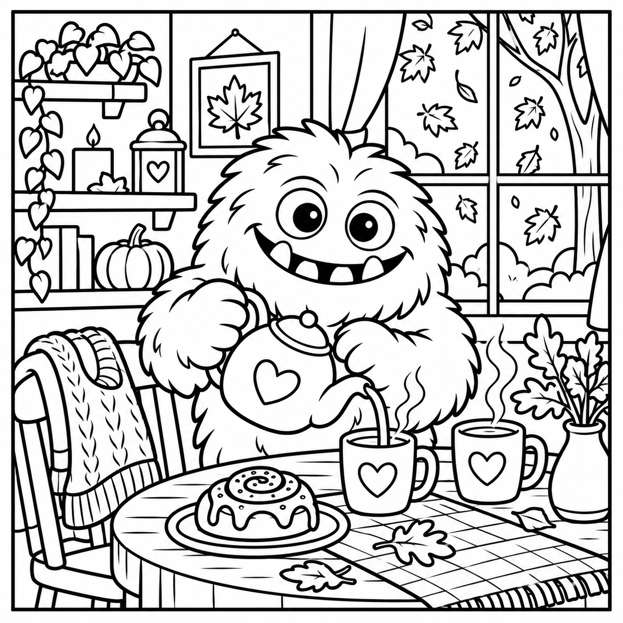 Black-and-white coloring page of the ColorBestie monster pouring tea beside a cinnamon bun and an autumn window.