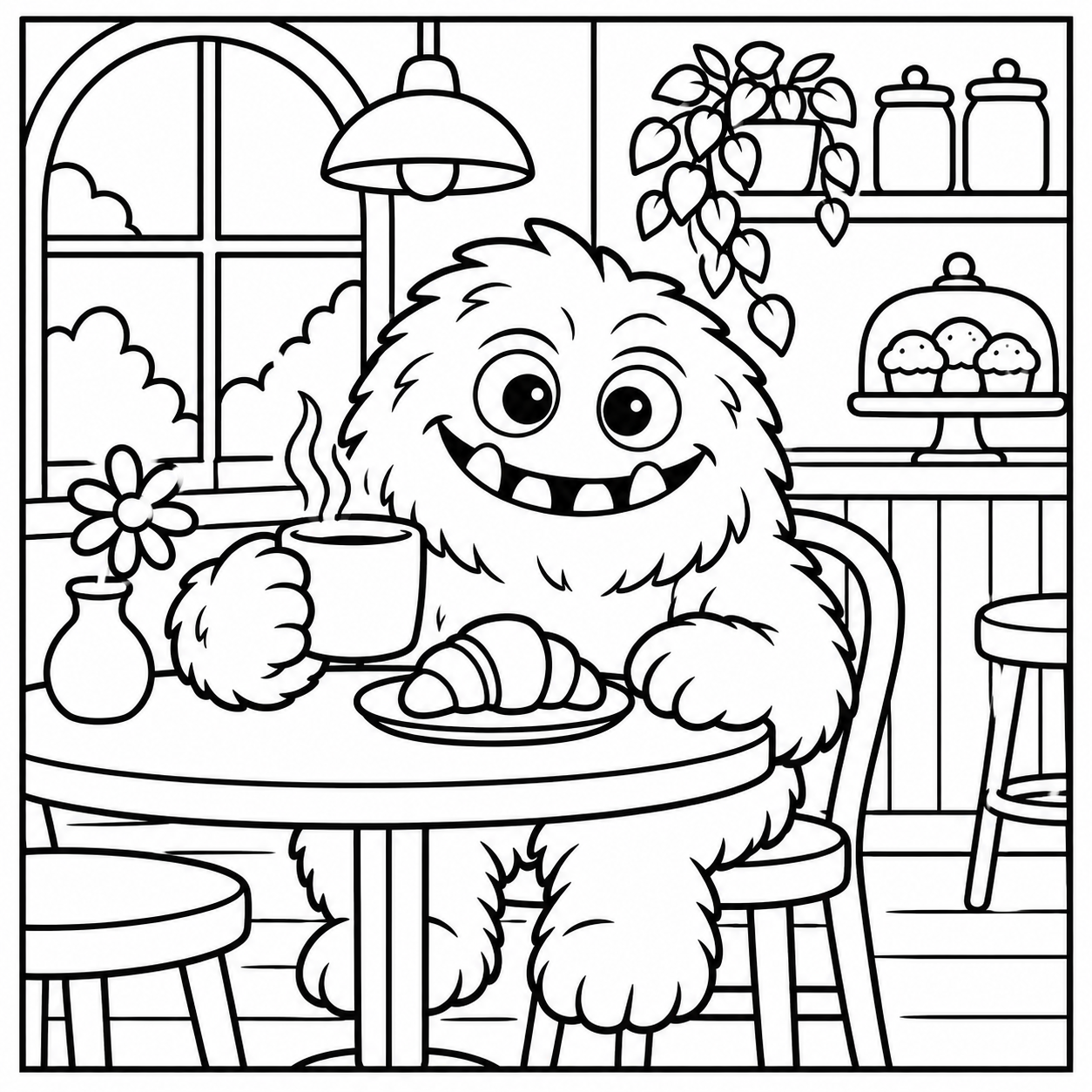 Black-and-white coloring page of the ColorBestie monster holding a mug beside a croissant in a cafe.