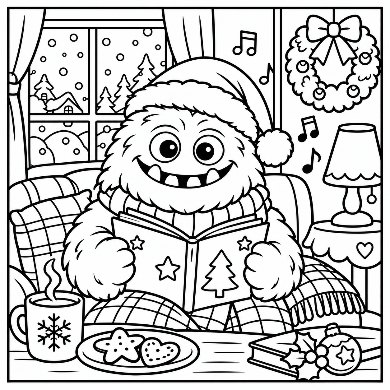 Black-and-white coloring page of the ColorBestie monster singing from a book on a sofa with Christmas decorations.