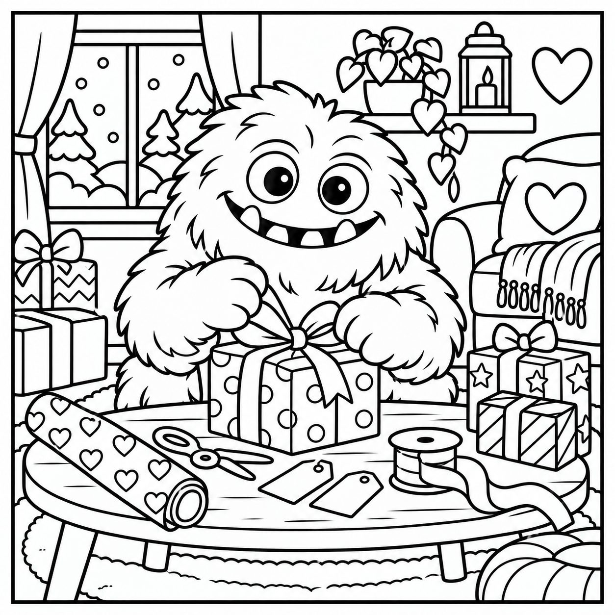 Black-and-white coloring page of the ColorBestie monster tying a bow on a present at a gift-wrapping table.