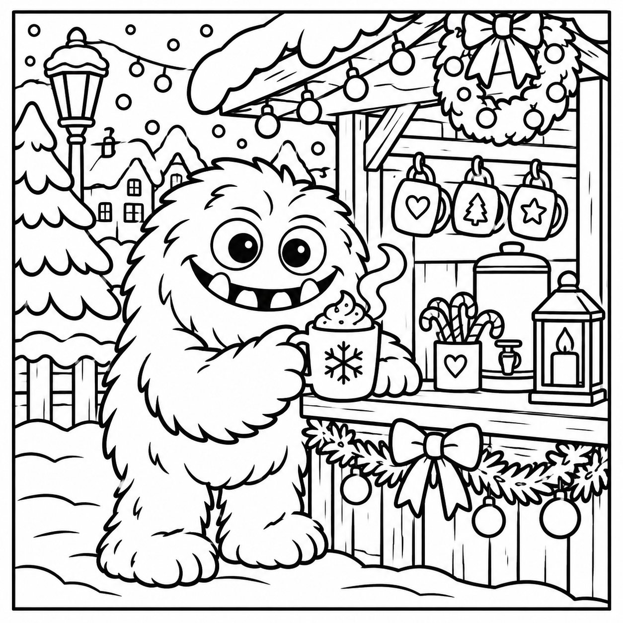 Black-and-white coloring page of the ColorBestie monster holding a warm drink beside a snowy Christmas market stall.