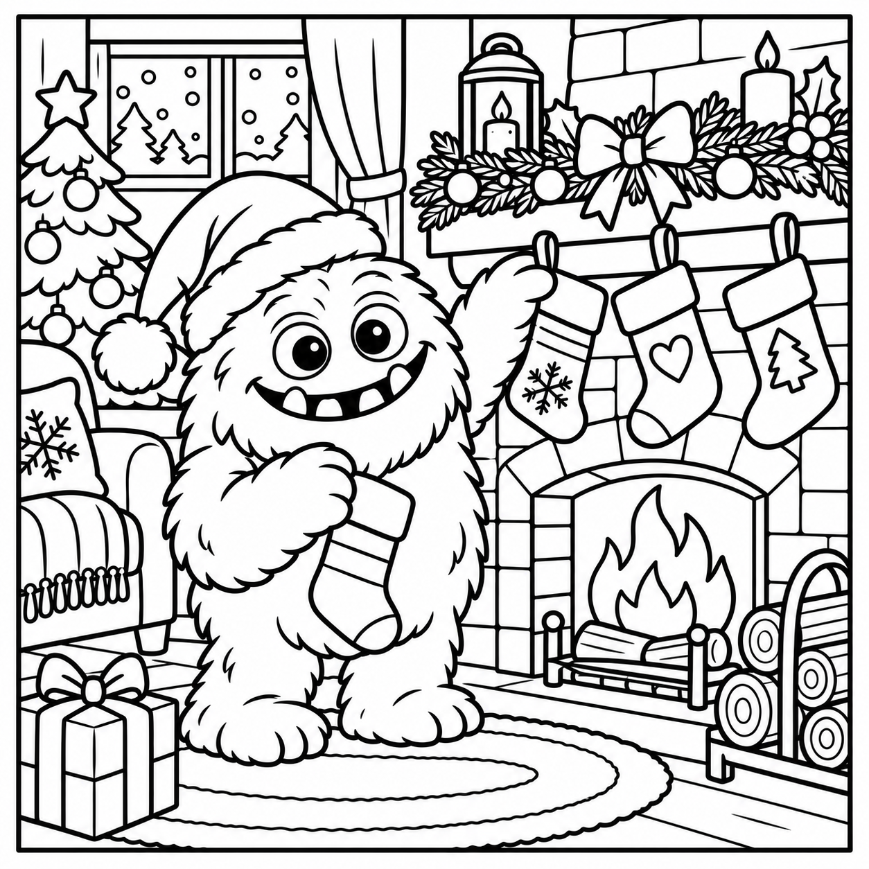 Black-and-white coloring page of the ColorBestie monster hanging stockings beside a decorated fireplace.