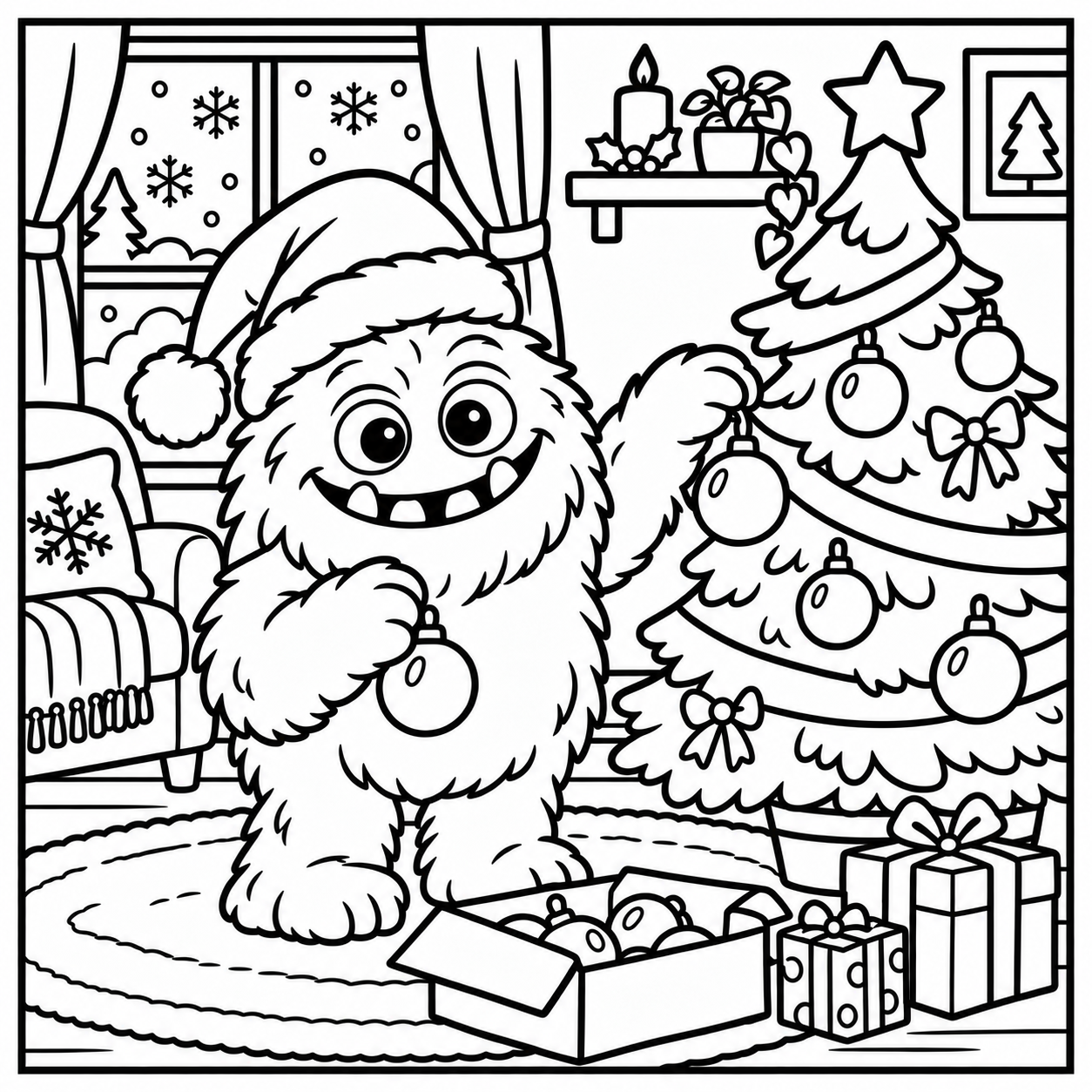 Black-and-white coloring page of the ColorBestie monster hanging baubles on a Christmas tree beside gifts.