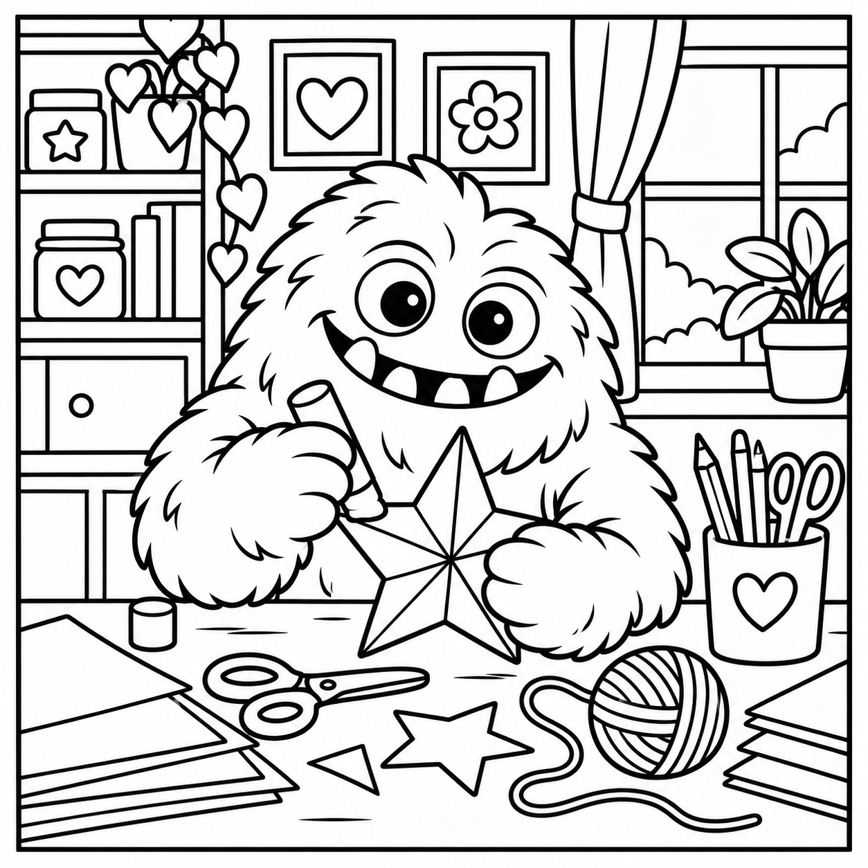Black-and-white coloring page of the ColorBestie monster making a paper star at a craft table.