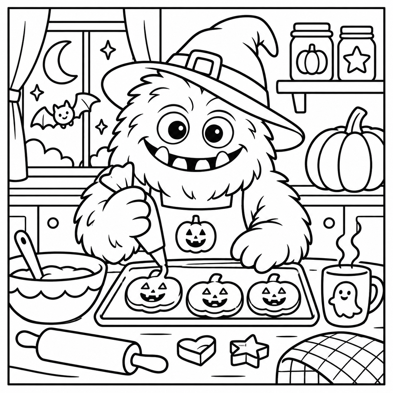 Black-and-white coloring page of the ColorBestie monster decorating pumpkin cookies in a Halloween kitchen.