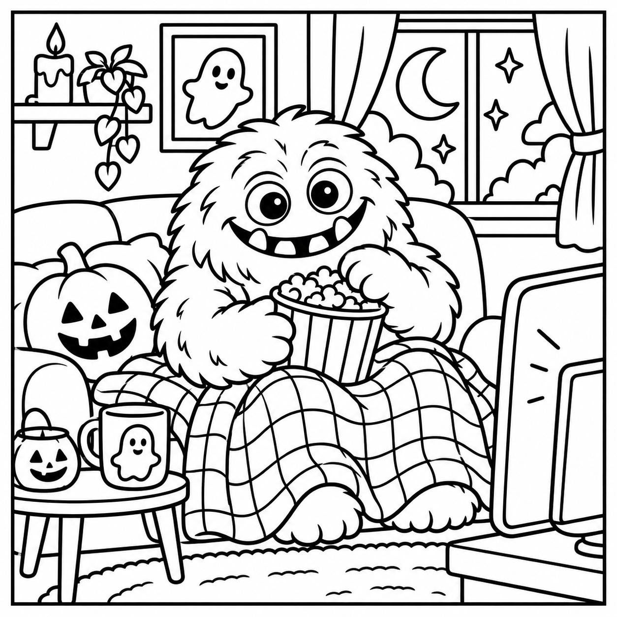 Black-and-white coloring page of the ColorBestie monster eating popcorn on a sofa with a blanket and Halloween decorations.