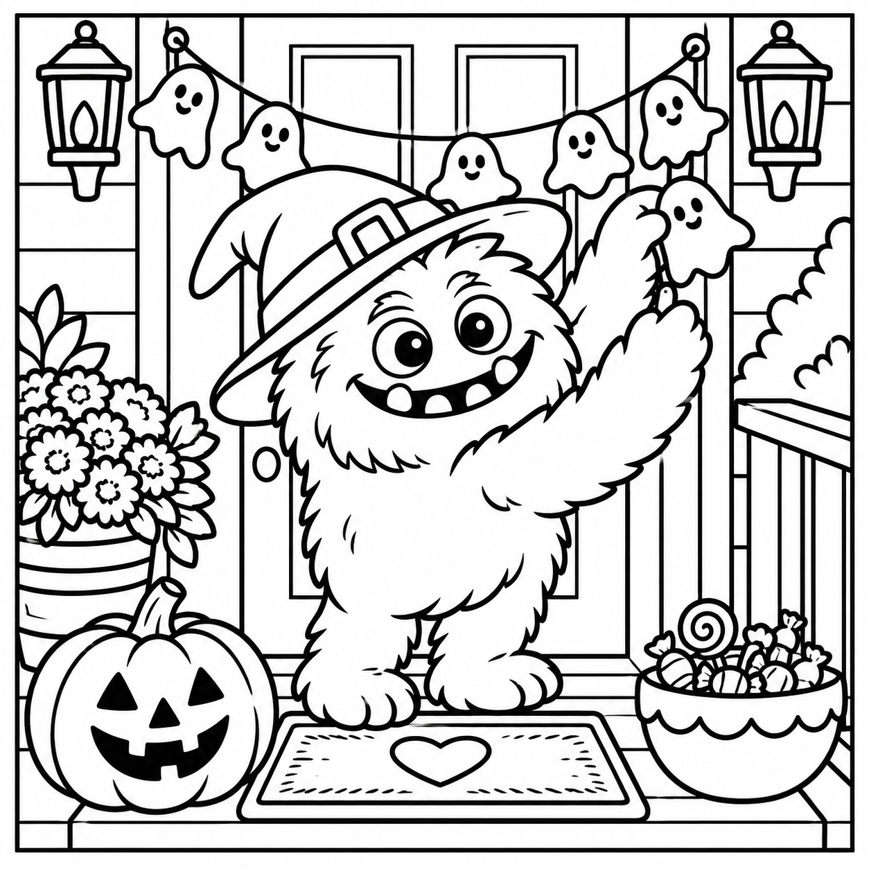 Black-and-white coloring page of the ColorBestie monster hanging a ghost garland on a Halloween porch.