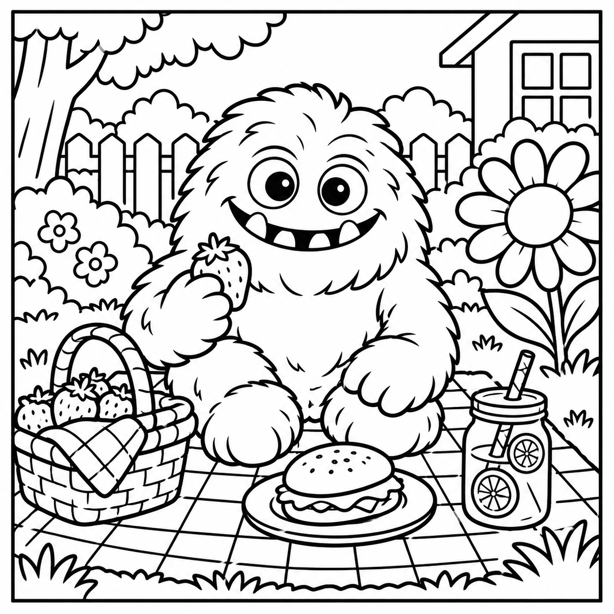 Black-and-white coloring page of the ColorBestie monster holding a strawberry on a garden picnic blanket.