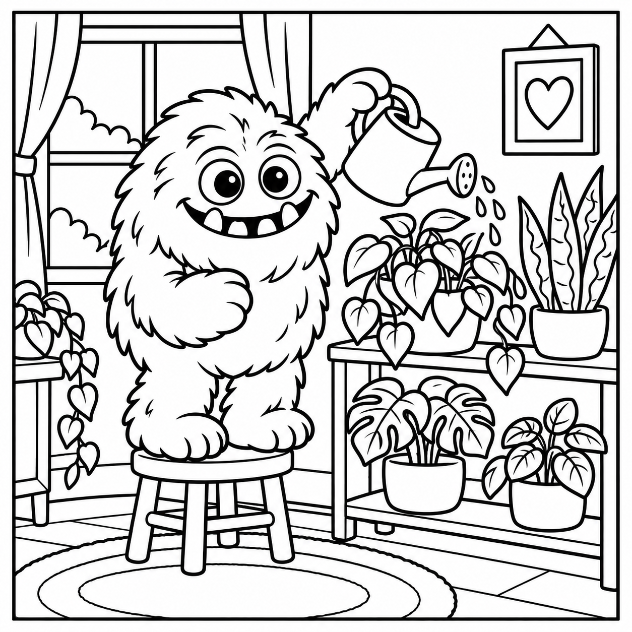 Black-and-white coloring page of the ColorBestie monster watering plants on a plant stand.