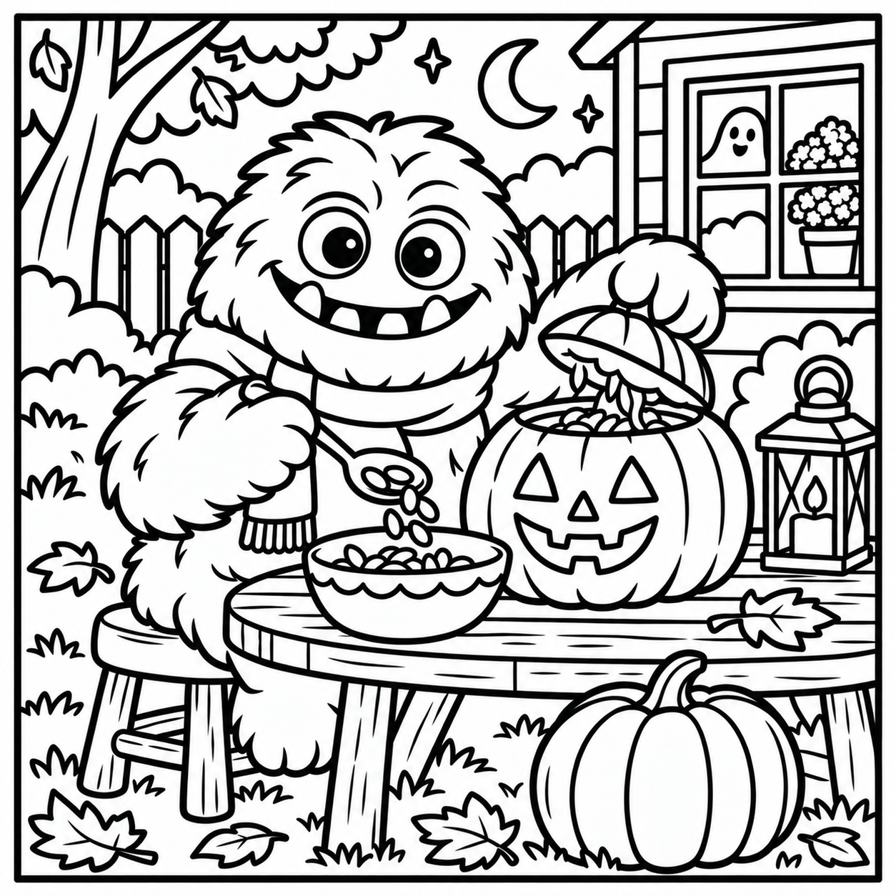 Black-and-white coloring page of the ColorBestie monster scooping seeds from a pumpkin at an outdoor table.
