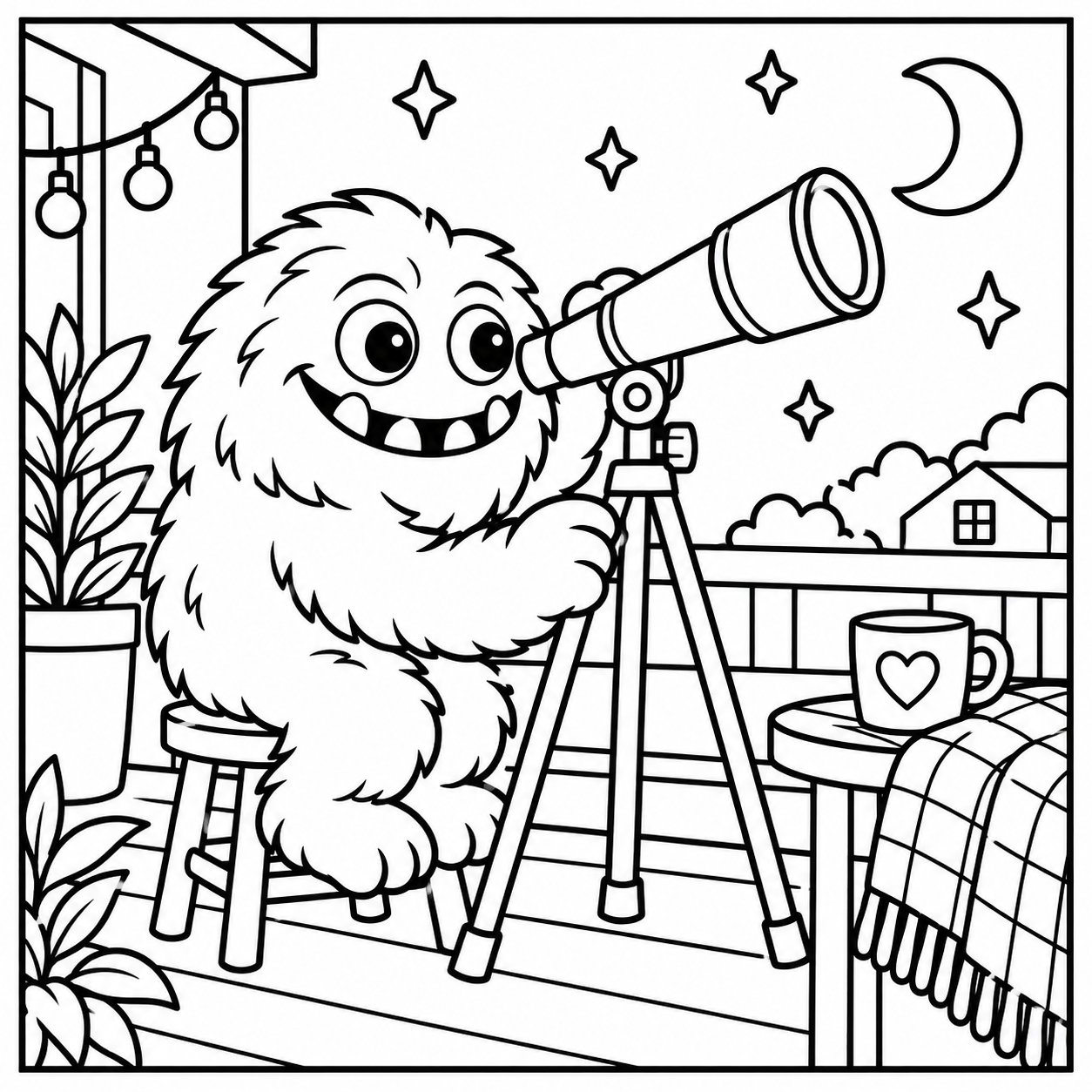Black-and-white coloring page of the ColorBestie monster looking through a telescope on a terrace under the stars.