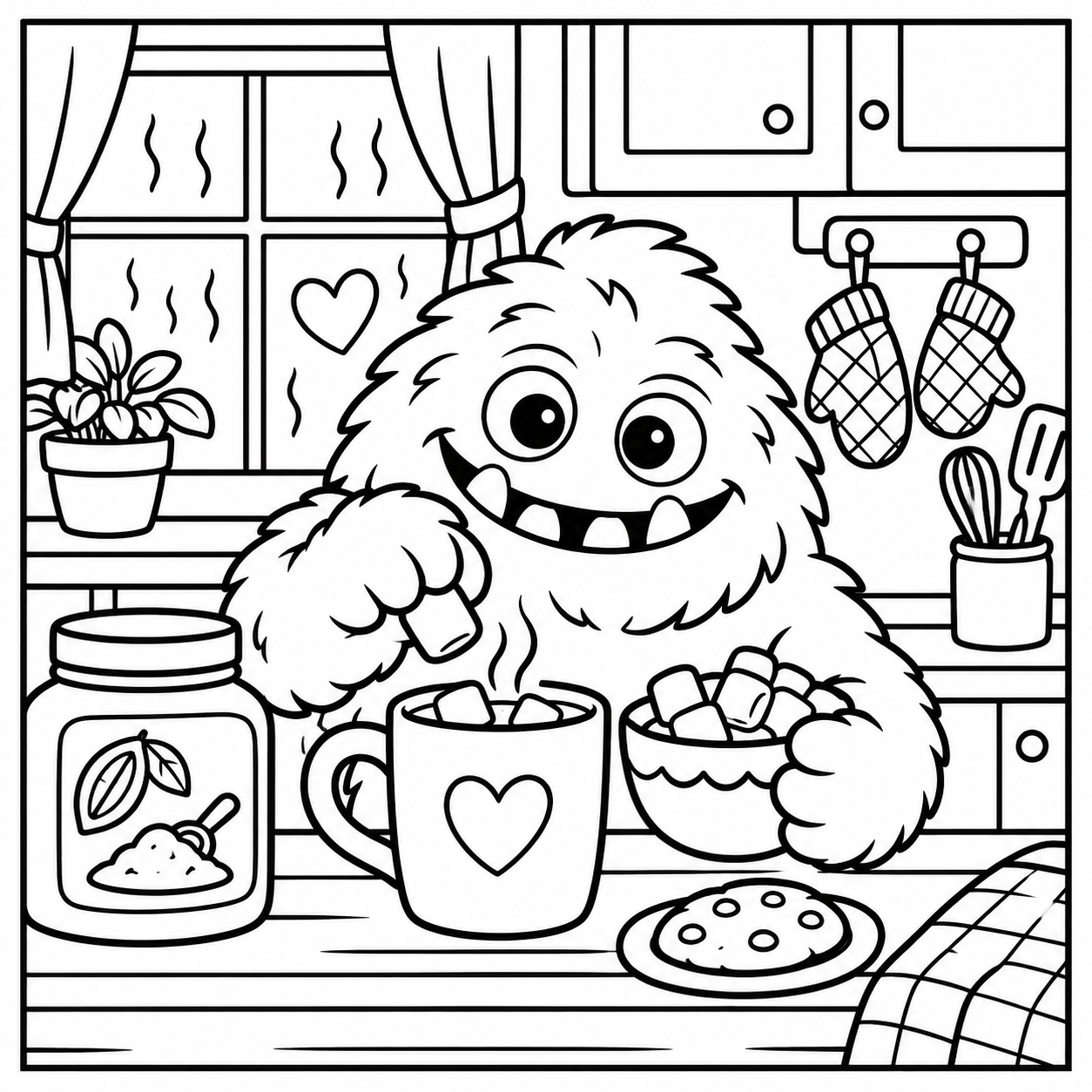 Black-and-white coloring page of the ColorBestie monster adding marshmallows to a mug of hot chocolate in a kitchen.