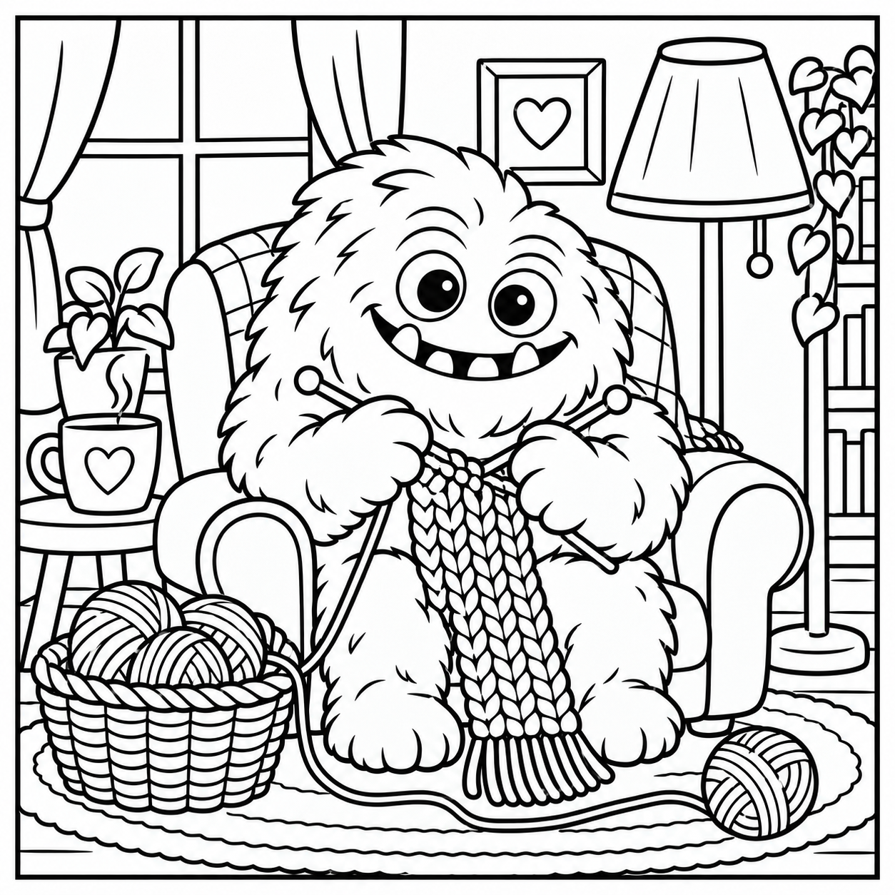 Black-and-white coloring page of the ColorBestie monster knitting a scarf in an armchair beside a basket of yarn.