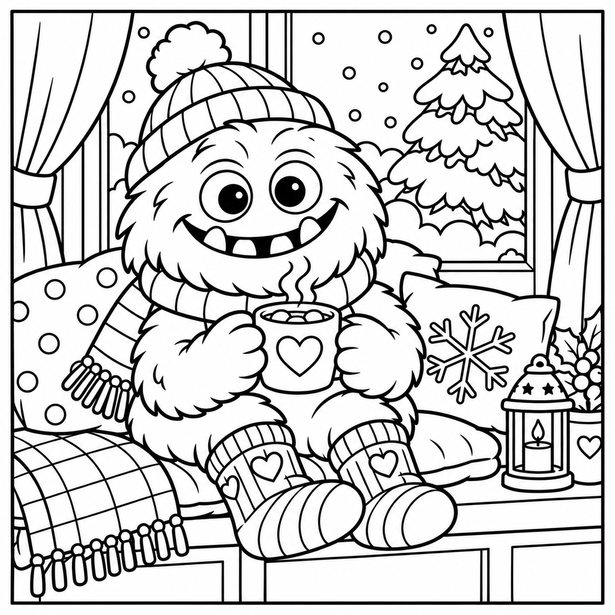 Black-and-white coloring page of the ColorBestie monster holding a mug on a snowy window seat.