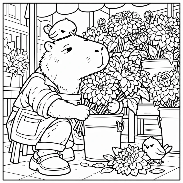 Black-and-white ColorBestie coloring illustration: Big layered dahlia blooms in buckets at an urban flower stall, with a tiny bird guarding a fallen bloom.