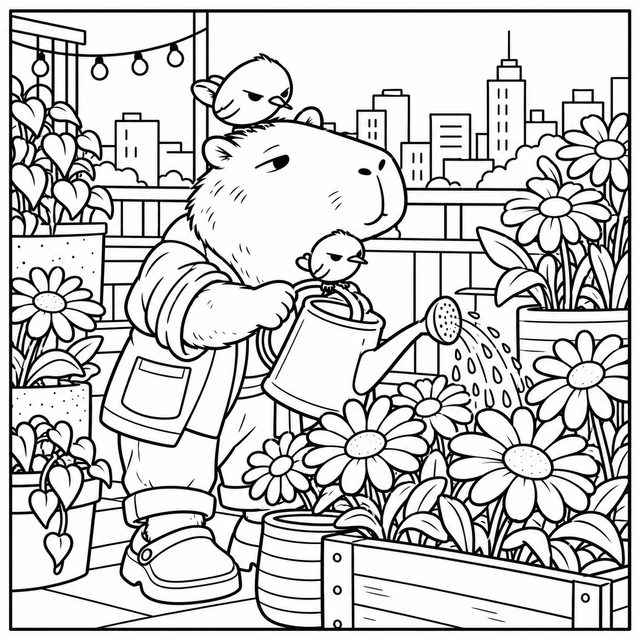 Black-and-white ColorBestie coloring illustration: Oversized daisies fill mismatched rooftop planters with a distant simple skyline and one bird on a watering can.