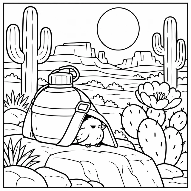Black-and-white ColorBestie coloring illustration: Cacti, layered mesas and a low sun frame a quiet desert scene with an unexpected small traveler.