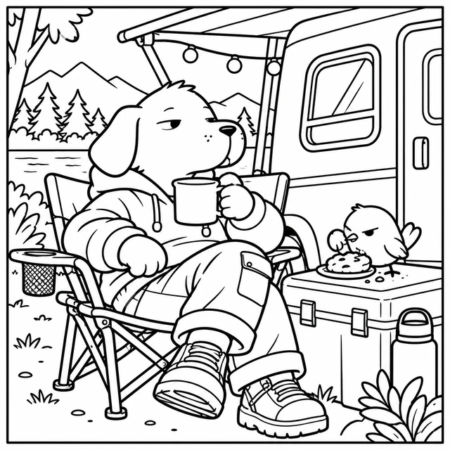 Black-and-white ColorBestie coloring illustration: A laid-back dog in a boxy hoodie takes a mug break beside a compact camper and a folded camping chair; a small bird guards a biscuit.