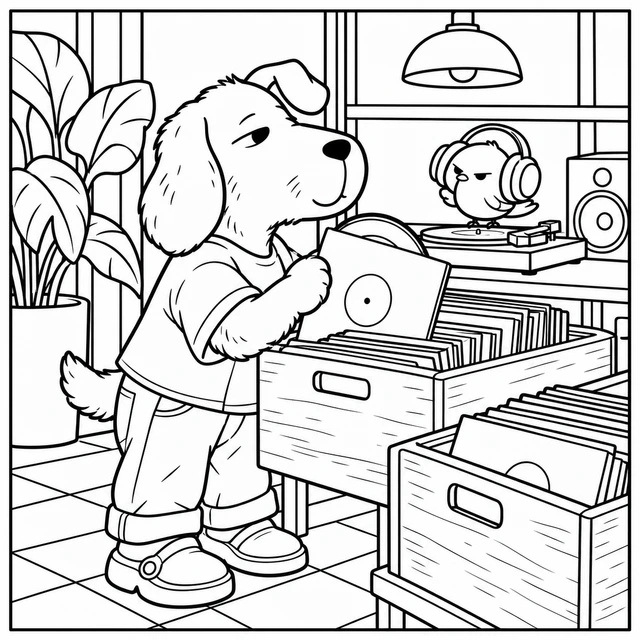 Black-and-white ColorBestie coloring illustration: A floppy-eared dog browses records while a small bird claims the headphones at the listening station.