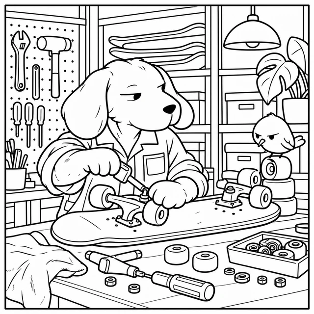 Black-and-white ColorBestie coloring illustration: A floppy-eared dog in a work jacket repairs a skateboard at a tidy workshop bench while a skeptical bird perches on a spare wheel.