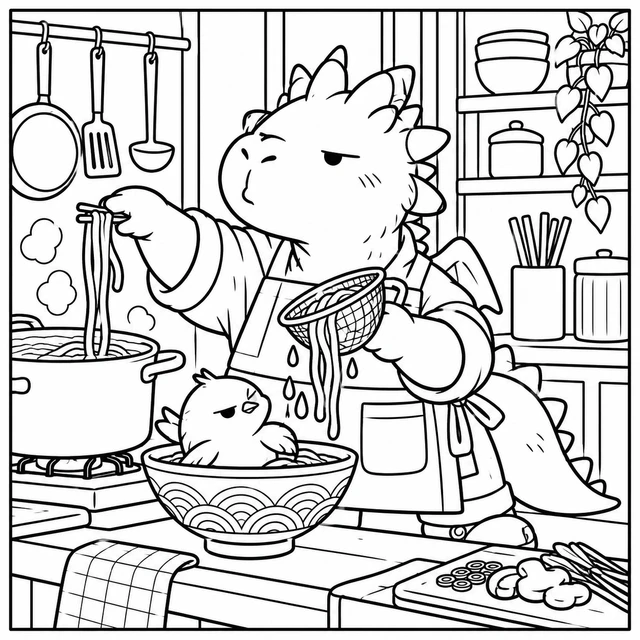 Black-and-white ColorBestie coloring illustration: A small confident dragon in a boxy apron makes noodles in a compact kitchen; a skeptical bird has claimed the serving bowl.