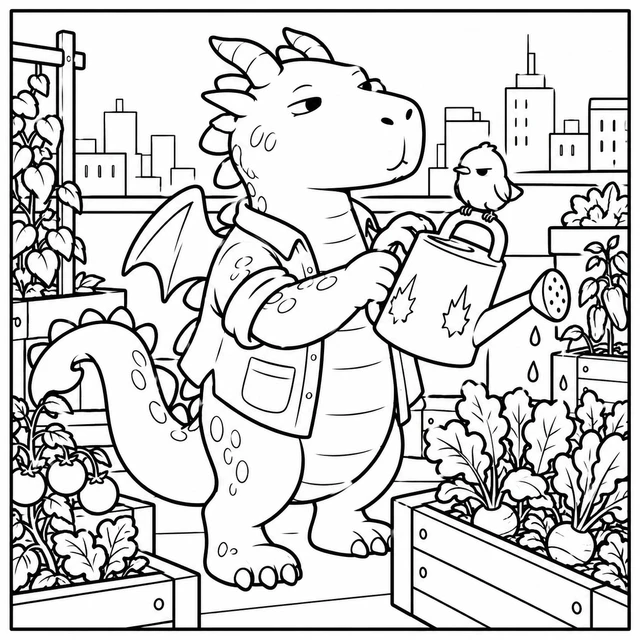 Black-and-white ColorBestie coloring illustration: A dry-looking dragon tends a rooftop garden while a small bird inspects its singed watering can.