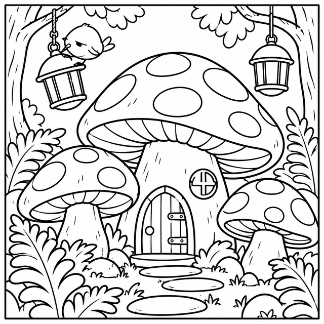 Black-and-white ColorBestie coloring illustration: Oversized mushrooms and a winding path lead to a crooked door under the watch of a small bird.