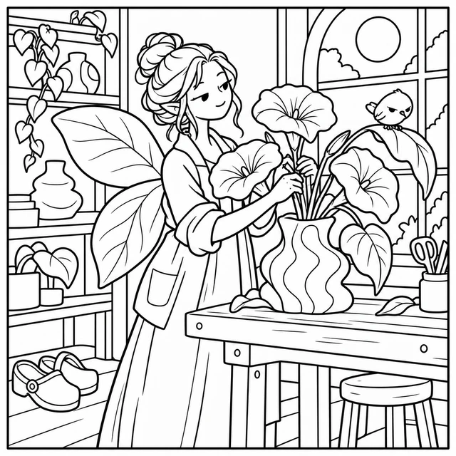 Black-and-white ColorBestie coloring illustration: An adult fairy arranges moonflowers while a small bird tests a drooping leaf in the studio.