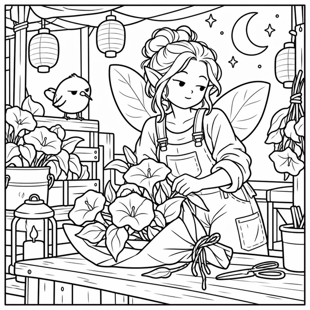 Black-and-white ColorBestie coloring illustration: An adult fairy runs a moonflower stall at a lantern-lit night market, with a skeptical bird inspecting the display.