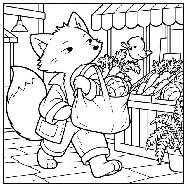 Black-and-white ColorBestie coloring illustration: A fox carries an overfilled produce tote while a small bird makes off with a carrot leaf.