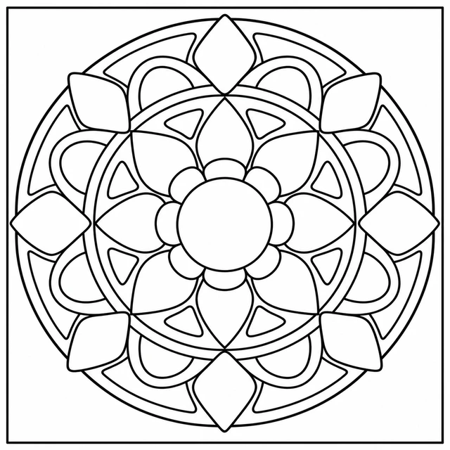 Black-and-white ColorBestie coloring illustration: Diamonds, broad arches and rounded triangles repeat around a circular center.