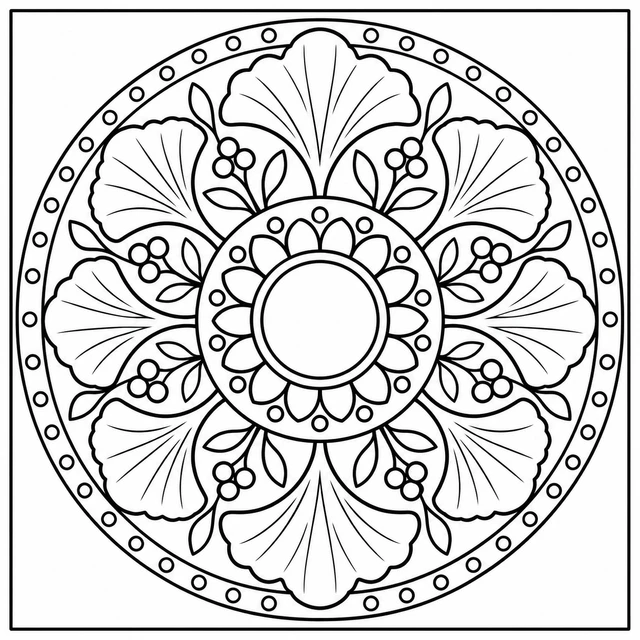 Black-and-white ColorBestie coloring illustration: A radial mandala of broad ginkgo leaf fans and repeating ornamental rings.