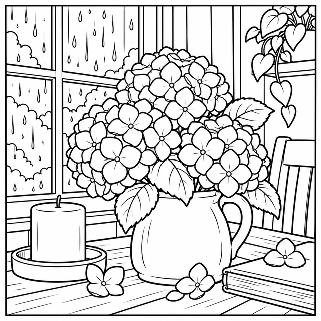 Black-and-white ColorBestie coloring illustration: A hydrangea bouquet with clearly separated large petals sits beside a rainy window and an unlit candle.