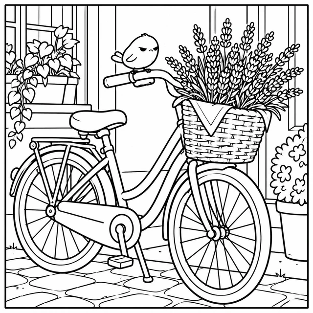 Black-and-white ColorBestie coloring illustration: A parked city bicycle with a basket full of lavender and a small bird sitting on the handlebar.