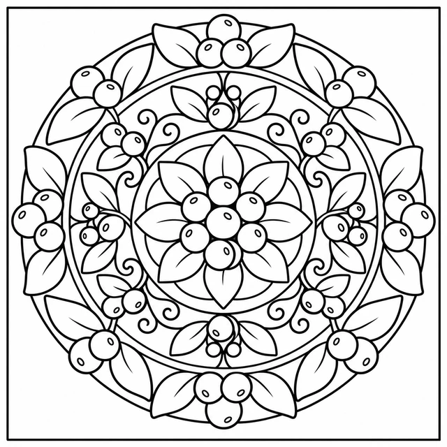 Black-and-white ColorBestie coloring illustration: Chunky leaves, curling vines and round berries repeat in a circular botanical pattern.