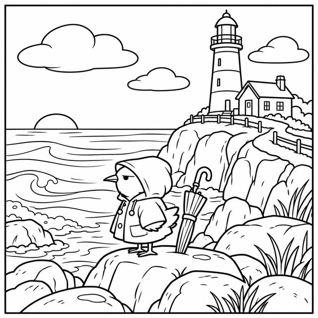 Black-and-white ColorBestie coloring illustration: A lighthouse overlooks cliffs, broad waves and a curved path with a small bird watching the sea.
